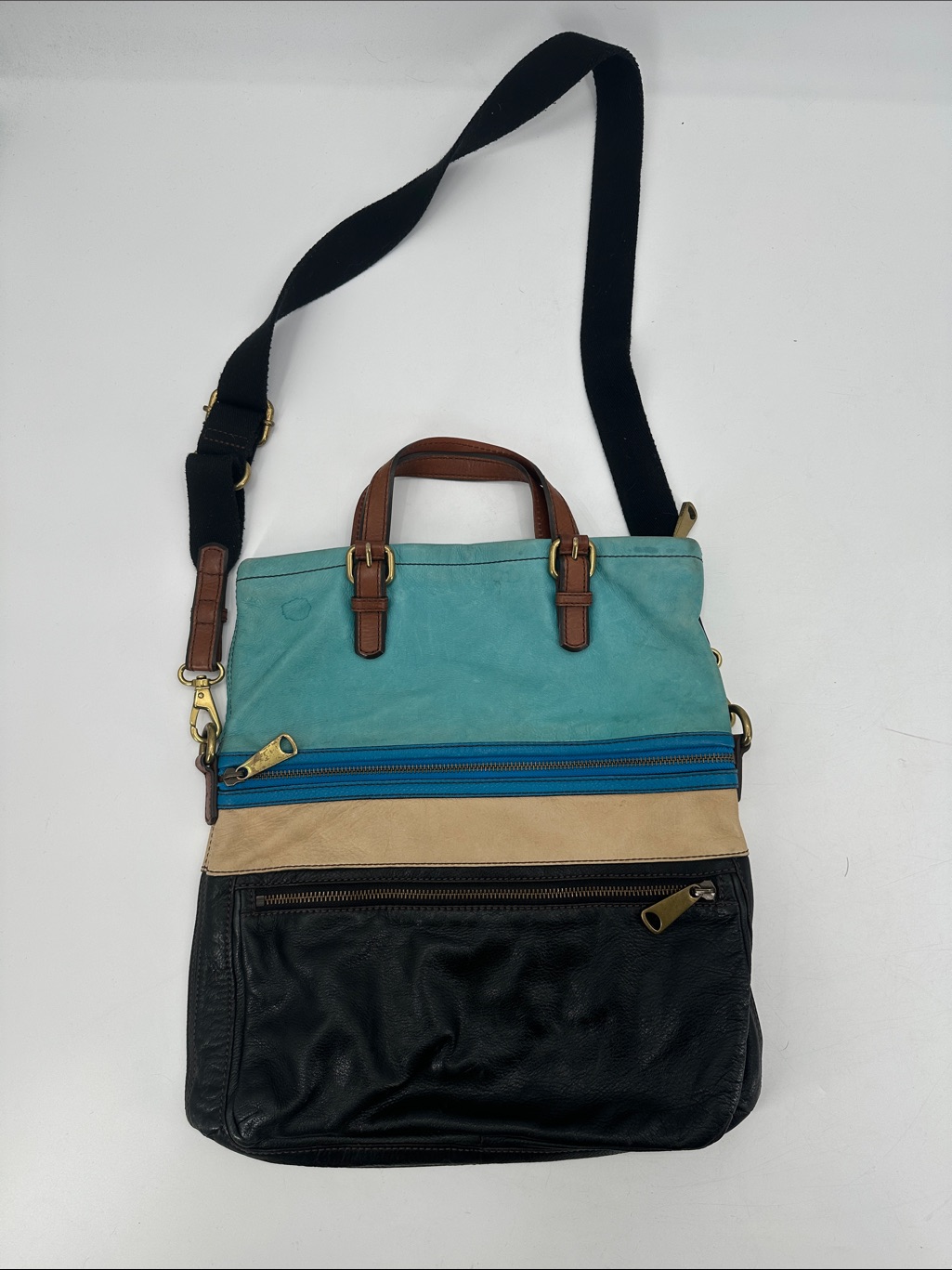 Vintage Fossil Blue Color Block The Explorer Xl Leather Messenger Bag